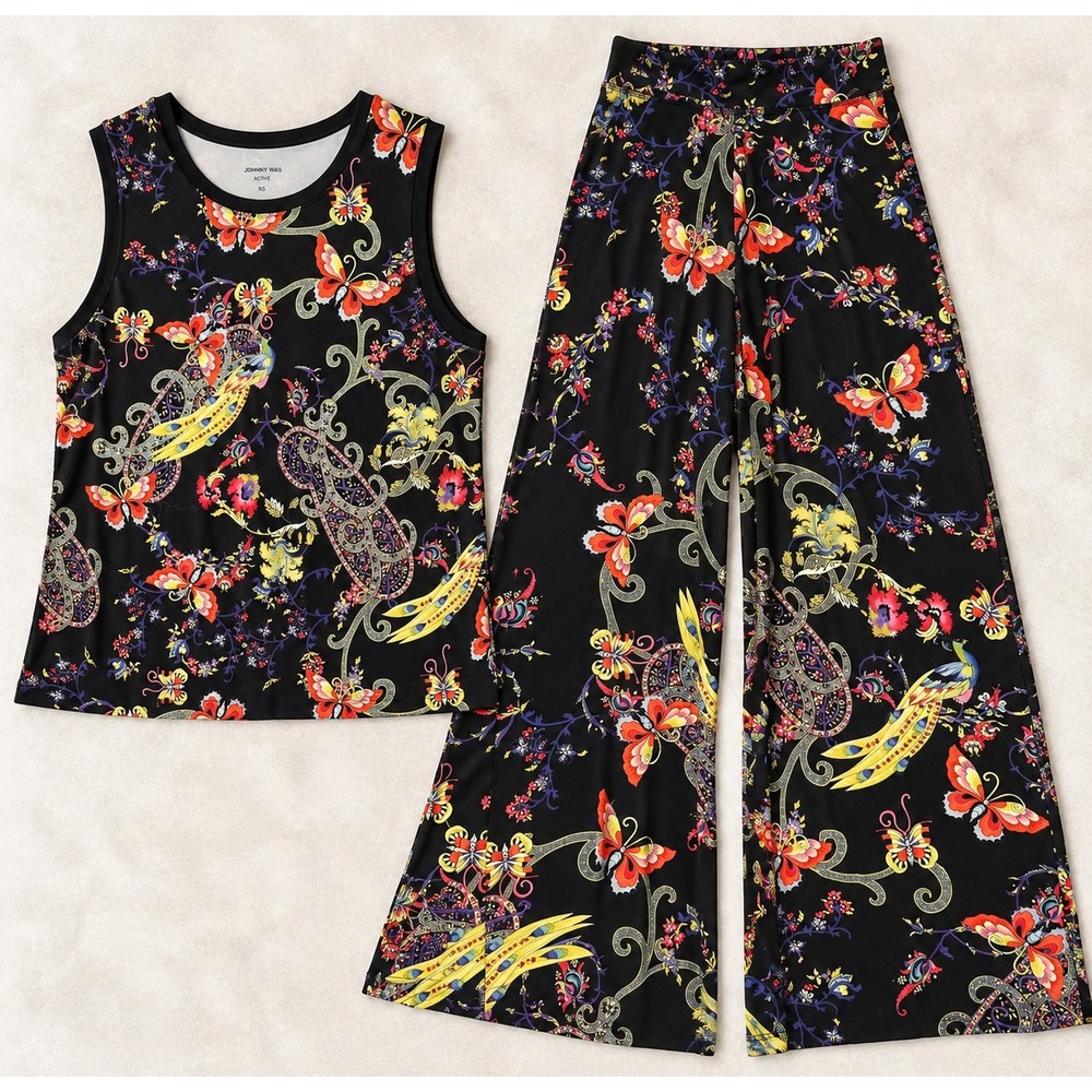 Johnny Was Active 2 Piece Set XS Top S Pants Butterfly Bird Floral Wide Leg Boho